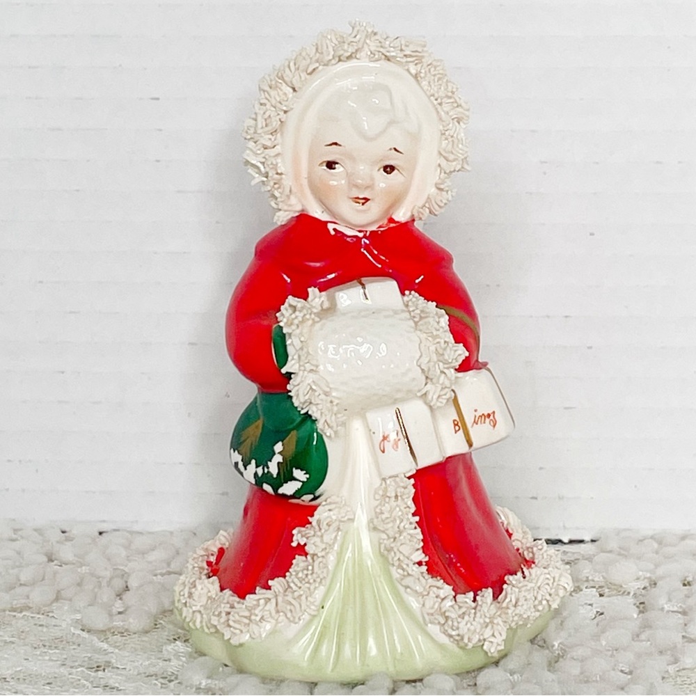 Vintage Napco Christmas Angel Red Spaghetti Trim Figurine Purse Muff Gifts